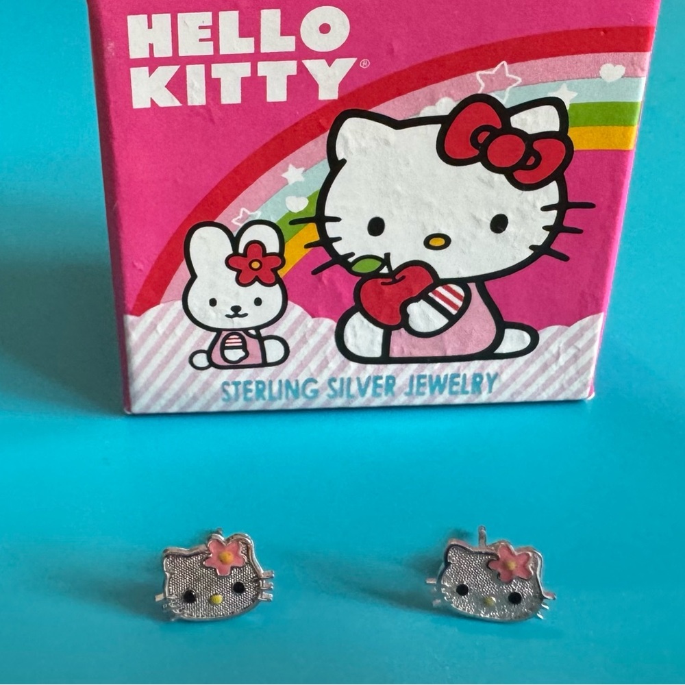 NWB Hello Kitty Sterling Silver Earrings with Pink enamel flower